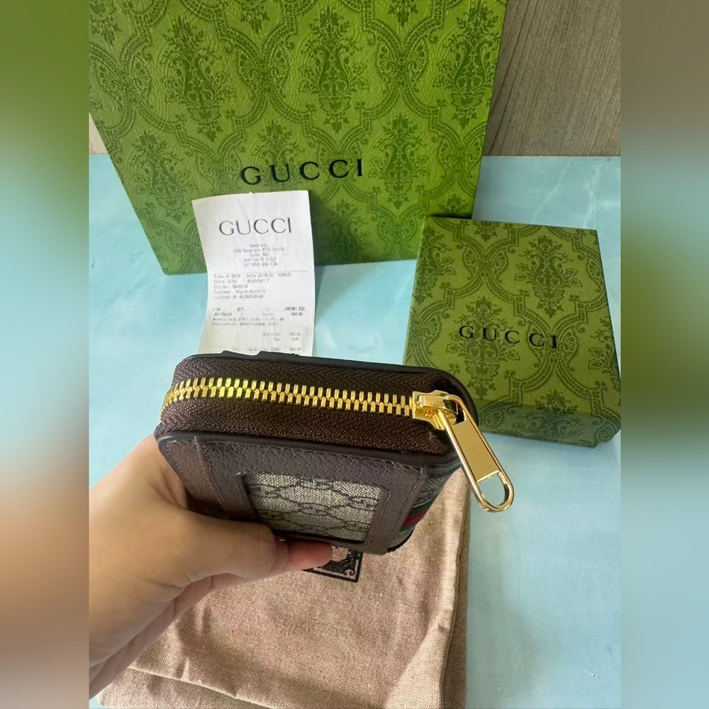 Gucci GG Canvas and Brown Leather Zip Card Holder - Beige/Brown/Green-Red - Picture 6 of 11